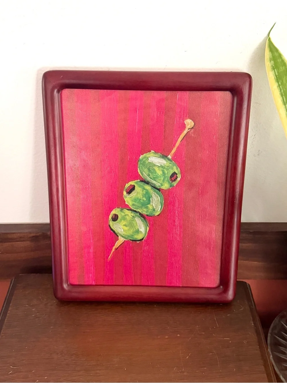 Olives on Toothpick Red & Pink Stripe Canvas Art Print Wood Framed Mediterranean
